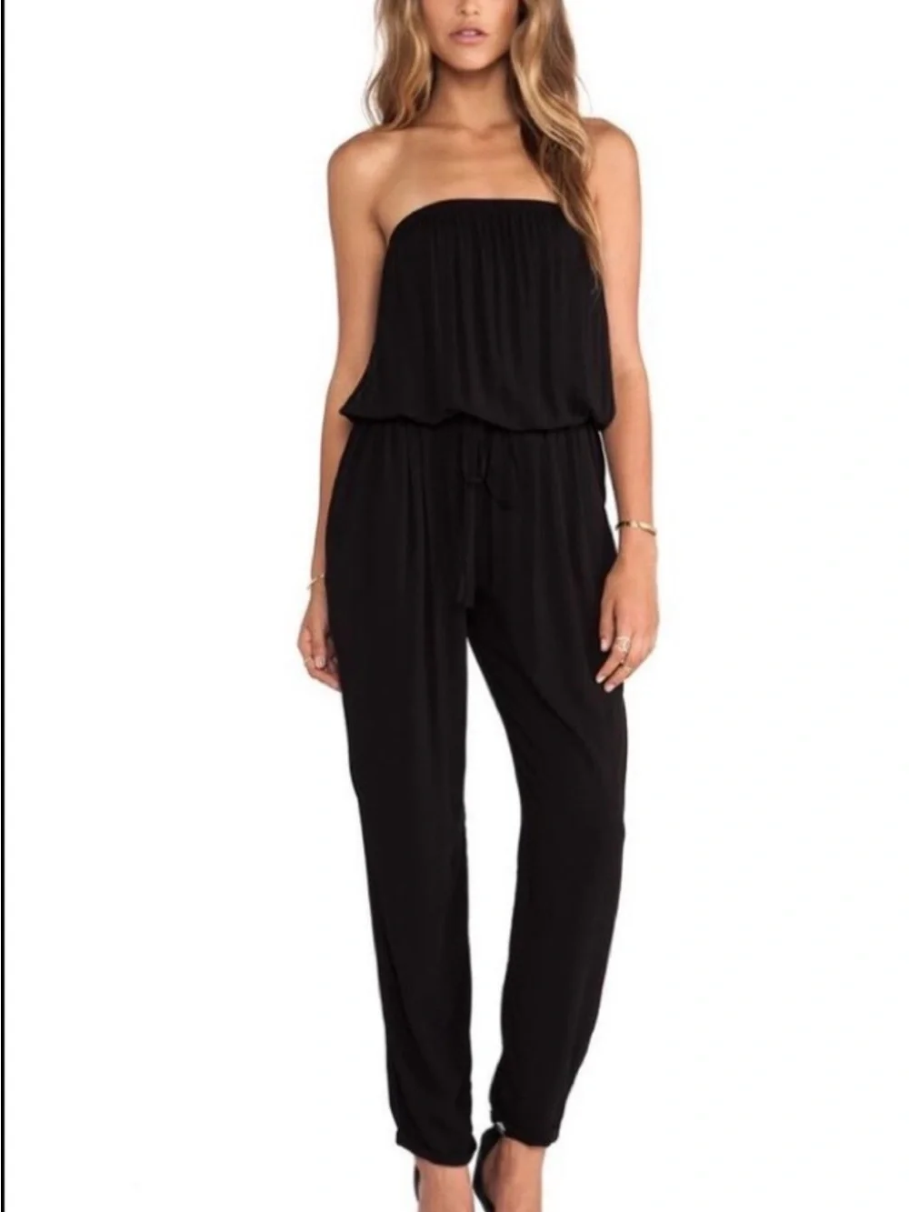 Velvet by Graham & Spencer Black Strapless Drawstring Jumpsuit